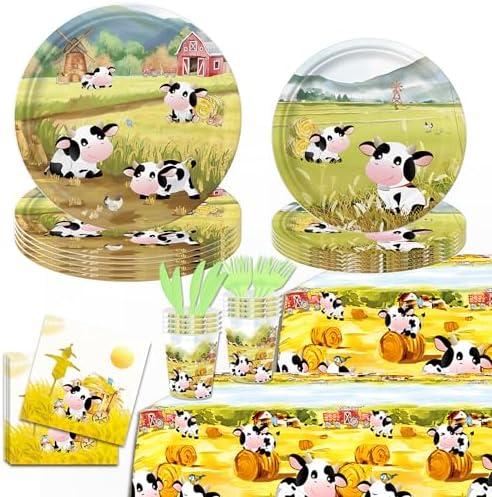 142Pcs Cow Party Supplies Include Disposable Paper Plates-Cups-Paper Napkins-Forks-Knives-Tablecloth for Cow Birthday Party Decorations Serves 20 Guests