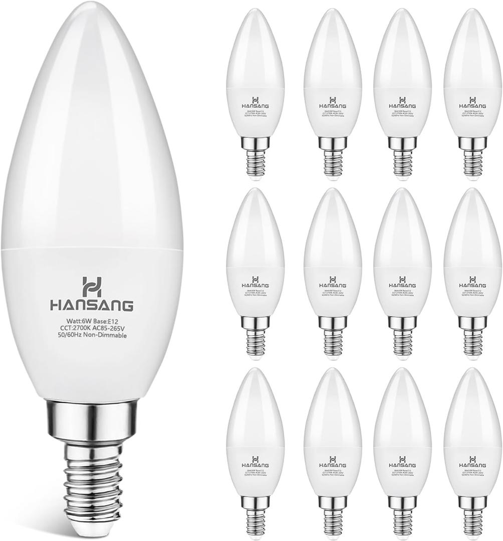 hansang 12 Pack E12 LED Candelabra Light Bulbs 60W Equivalent, 2700K Warm White, Chandelier Bulb Small Base, 600 Lumens CRI85+ 120V Type B Candle Light, 6W B11 for Ceiling Fan, Non-Dimmable