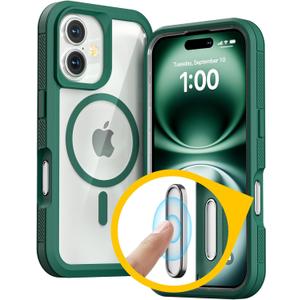for iPhone 16 Plus Case with Camera Control Capture Button, Compatible with MagSafe, Heavy Duty Shockproof Protection, Transparent Magnetic Phone Case for iPhone 16 Plus, 6.7 inch, Green