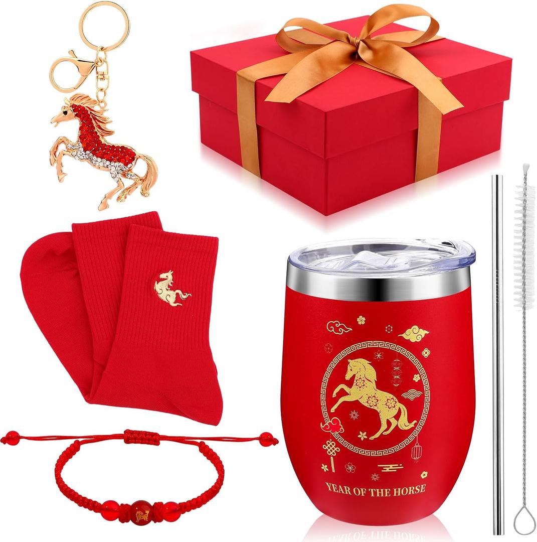 5 Pcs Year of the Horse 2026 Stainless Steel Mug with Lid Horse Keychain Beaded Bracelets with Box Chinese Lunar New Year Tumbler Gifts Red China Decorations