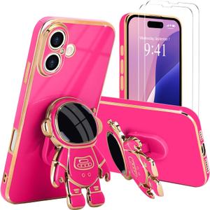 for iPhone 16 Plus Case, Cute 3D Astronaut Stand with [2 Screen Protector] [Camera Protection] Kickstand Shockproof Silicone Soft Back Cover for Apple iPhone 16 Plus Phone Case, Hot Pink