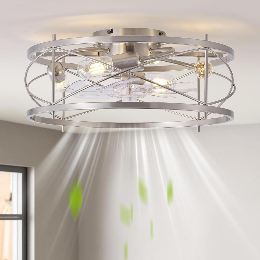 20" Silver Flush Mount Ceiling Fans with Lights, Chrome Caged Ceiling Fans with Light and Remote, Bladeless Ceiling Fan with 6 Speeds for Bedroom, Living Room, Nursery