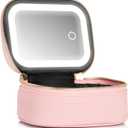 Small Makeup Bag Travel Train Case with Mirror and Light Mini Travel Make up Train Case Cosmetic Organizer 3 Adjustable Brightness Toiletry Bag Portable Artist Storage (Pink)