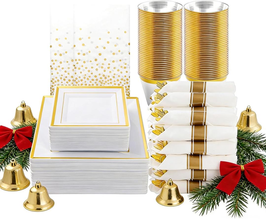 Goodluck 352 Piece Gold Dinnerware Set for 50 Guests, Thanksgiving Square Plastic Plates with Gold Trim, Include: 100 Plastic Plates, 50 Rolled Napkins, 50 Cups, 50 Cutlery Set and 2 Tablecloth