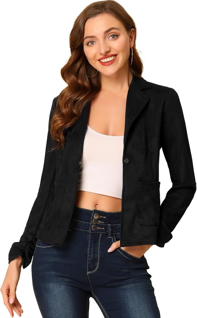 Allegra K Women's Faux Suede Blazer Lapel Collar Ruched Sleeve One Button Work Office Jacket Blazers Medium Black