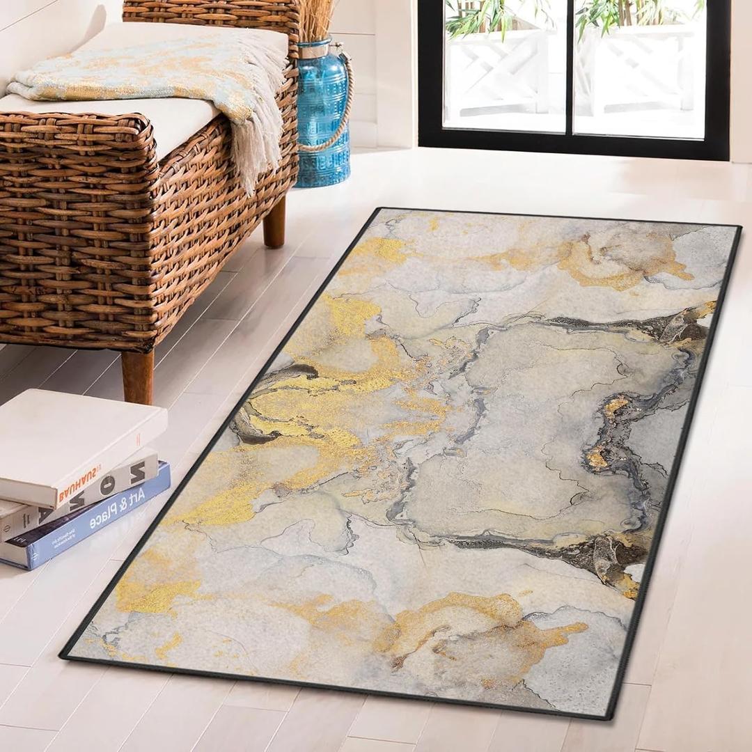 Area Rug, Washable and Non-Slip 2'x4' Painting Gray Black Gold Marble Stone Vintage Small Indoor Entryway Door Mat, Floor Mat Carpet for Bedroom, Kitchen, Bathroom, Laundry, Living Room