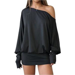 SOLY HUX Women's Long Sleeve Off The Shoulder Dress Y2k Mini Dress Streetwear Music Festival Outfits (Black, XS)