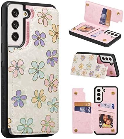 Wallet Case for Samsung Galaxy S21 FE 5G with Card Holders, PU Leather Cover Kickstand RFID Blocking Double Magnetic Clasp Rilievo Flower Shockproof Flip Case for Women Girls - White Daisy