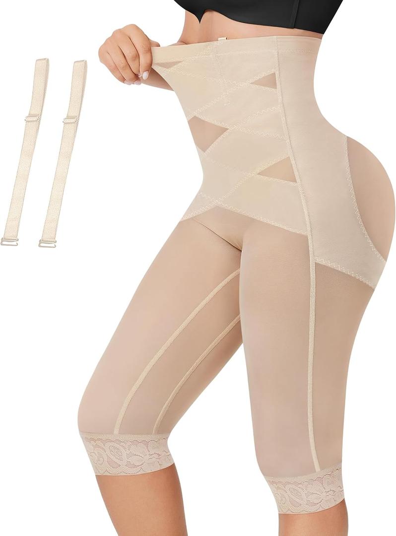 RDSIANE Capri Leggings for Women Tummy Control Shapewear Pants Thigh Slimmer Butt Lifting Leggings With Straps (Small, Beige)