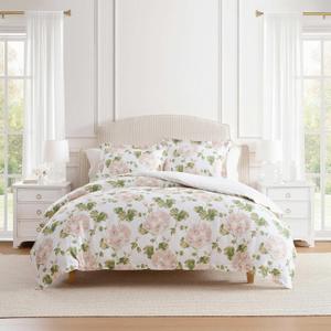 Martha Stewart - King Comforter Set, 100% Silky Smooth Cotton Sateen Floral Bedding for Year Round Comfort, 3 Piece Bed Set with Matching Pillowcases (Geranium Bloom Pink)