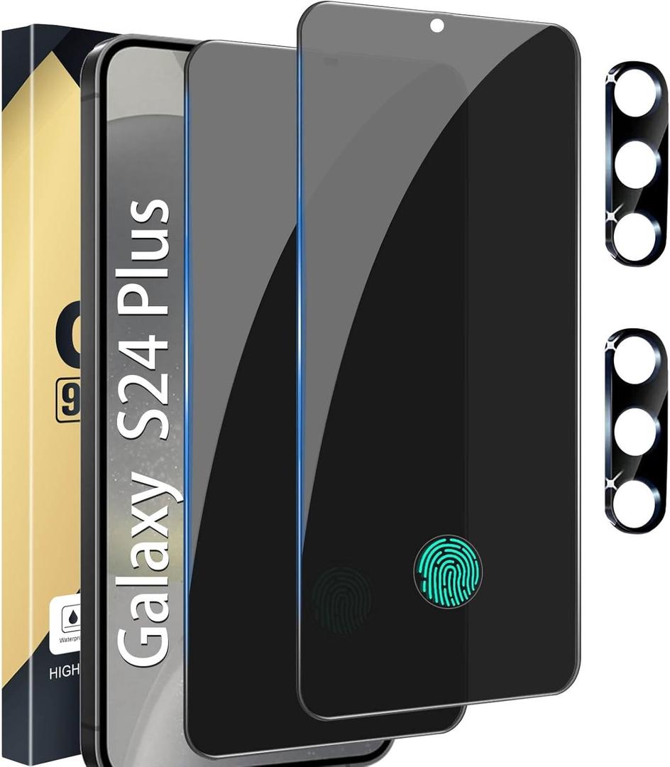 [2+2 Pack] Privacy Screen Protector Compatible with Galaxy S24 Plus 5G, 2 Tempered Glass Film with 2 Camera Lens Protectors, Easy Installation, High Clarity, Anti-Spy Protection