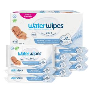 WaterWipes Sensitive+ Newborn & Baby Wipes, 3-In-1 Cleans, Cares, Protects, 99.9% Water, Unscented & Hypoallergenic, 540 Count (9 Packs)