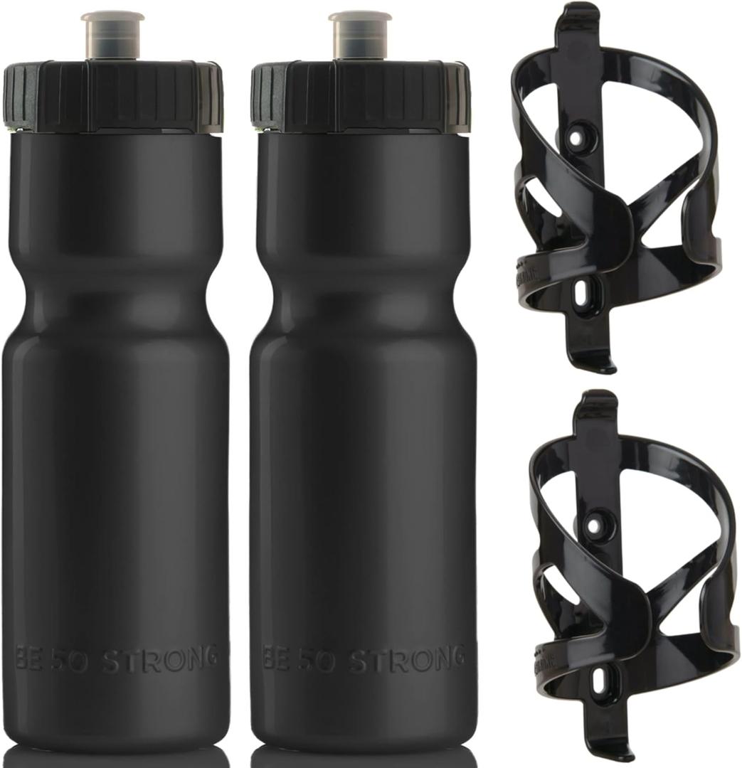 Bike Water Bottle Holder & Bottle Combo 2-Pack 22 oz Sports Squeeze Bottles with Pull Top Cap & Easy-Install Bike Cage Made in USA 50 Strong Brand