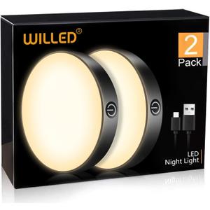 WILLED Tap Light Rechargeable, 3000K Dimmable Touch Light Buit-in 1000mAh Large Battery, Stick on Closet Light, Portable LED Puck Night Lights for Cabinet, Wardrobe, Counter, Kitchen, Bedroom (2 Pack) (Warm White 3000K, Black)