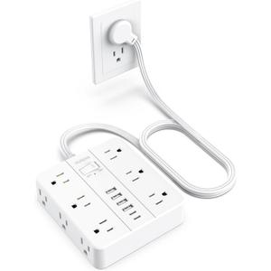 Power Strip with USB Ports, HUNIAN 5Ft Flat Plug Extension Cord Surge Protector, 12 Widely Outlet Extender with 6 USB Charger (2 USB C Ports), Desk Charging Station for Home, Office Supplies (White)