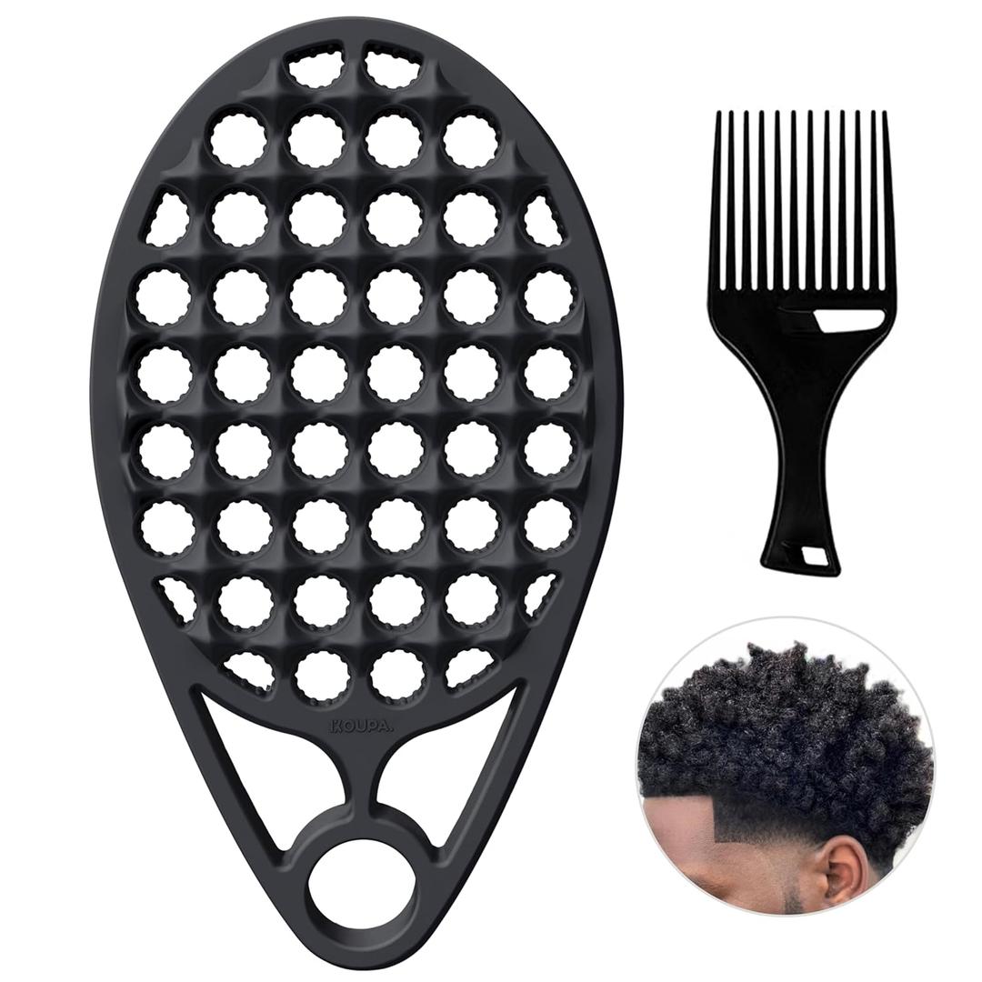 KOUPA Silicone Afro Twist Brush with Pick Comb - Easy Clean Dual-Sided Design with Textured Holes for Defined Afro Curls, Suitable for Coily Hair Men & Women, Black