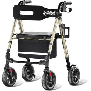 Walkers for Seniors Taller 5.3~7ft, Lightweight Foldable Rollator Walker, Built in Cable, Reinforced Aluminum Frame, 8" Big Rubber Wheels for All Terrain, 350lb Weight Capacity, Golden