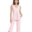 NACHILA Women's Pajamas Set Sleeveless Sleepwear Capri Pants with Pleated Tank Top Pj Sets Soft Loungewear, Viscose Made from Bamboo Pink M