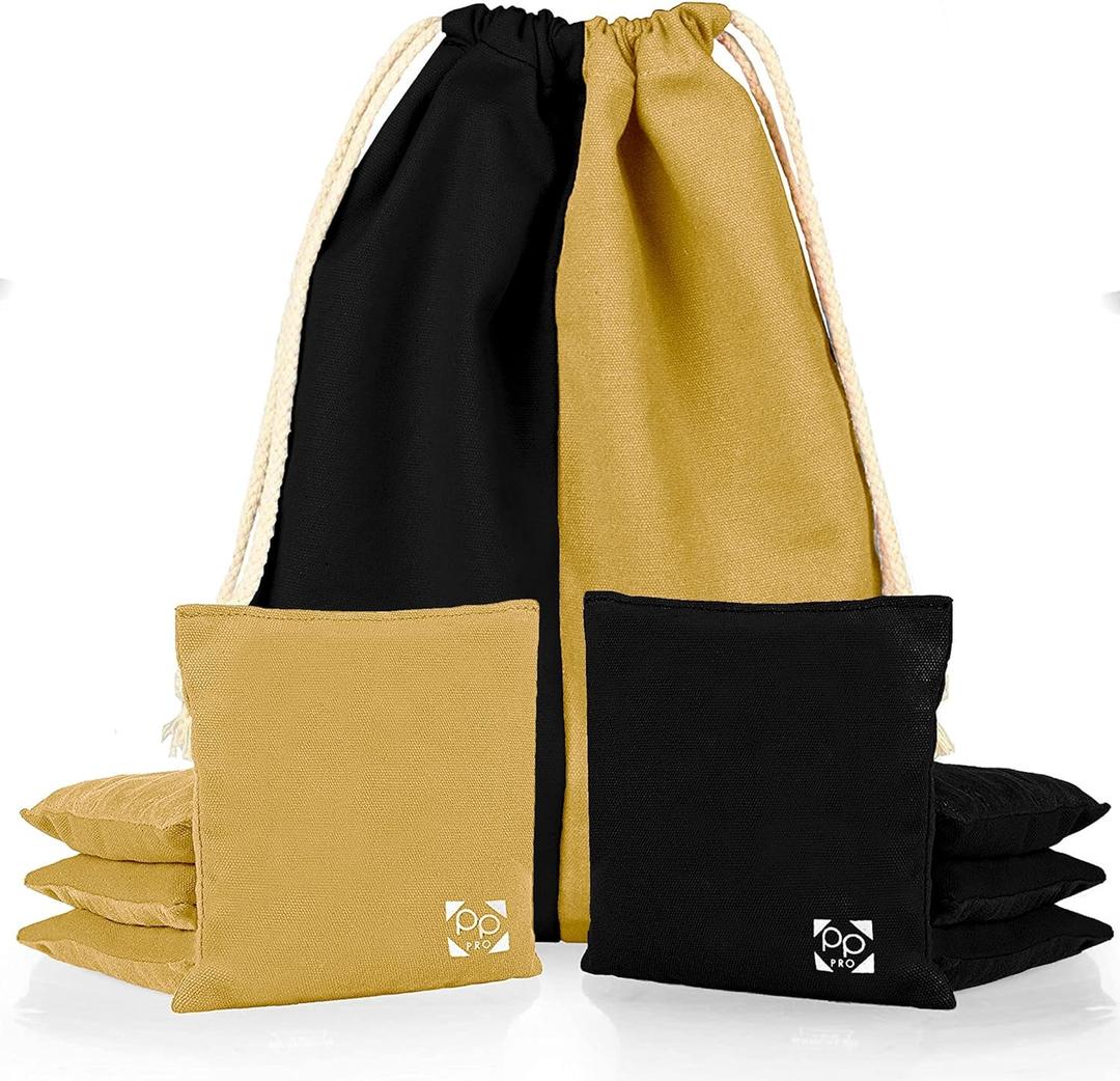 Professional Cornhole Bags - Set of 8 Regulation All Weather Double Sided - Sticky Side/Slick Side Bean Bags for Pro Corn Hole Game (Gold & Black)