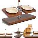Upgraded Adjustable Elevated Pet Food Stand - Raised Wooden Cat Bowls & Dog Bowls Holder with Ceramic Dishes for Small Puppy & Kitten, Non-Slip 2-8'' Height Rotatable Platform (Walnut-White)