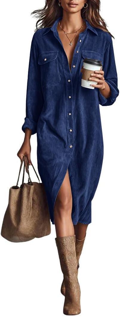 chouyatou Women's Fall Corduroy Button Down Shirt Dress Casual Lapel a Line Pleated Tunic Shift Midi Long Dress, Large