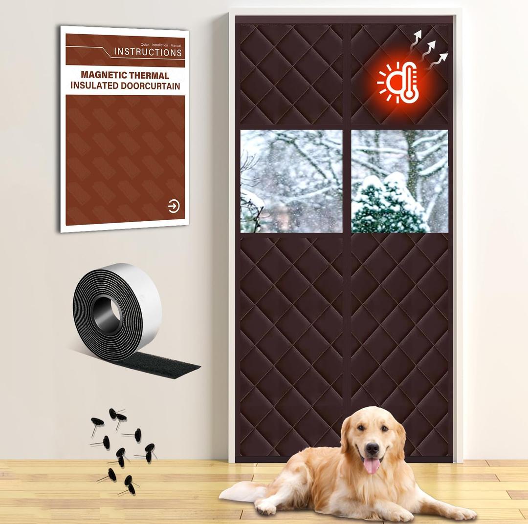 Insulated Magnetic Door Curtain for Winter, Thermal Door Cover with Triple-Layer Oxford Fabric, Windproof Cold Draft Blocker, Energy Saving Waterproof Curtain for Indoor Outdoor (Fit Door 32*80 Screen:35*82, Transparent Coffee)