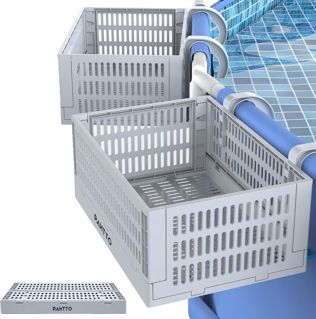 XL Poolside Storage Basket 2pcs, Foldable Above Ground Pool Storage Basket for Pool Toys, Towels, Beverages, Poolside Organizer, Pool Accessories for Above Ground Swimming Pool, Grey (Gray)