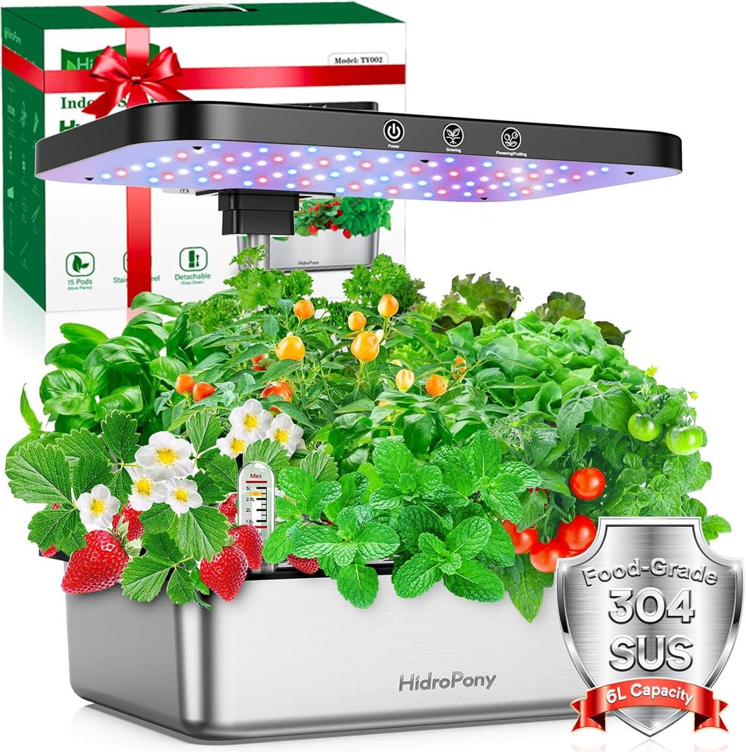 Hydroponics Growing System Indoor Garden - Herb Garden with Grow Light, 15 Pods Stainless Steel Indoor Garden Kit, Auto Timer, Gardening Gift for All Ages (Sliver)