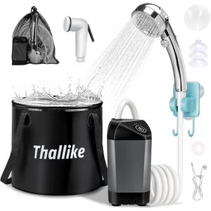 Portable Camping Shower, Pop Up Shower Privacy Tent Kit with LED Lights, 4500mAh Rechargeable Shower Pump, Filtered Shower Head & 7.4 Gallons Foldable Bucket, Outdoor Shower for Hiking Beach, Travel