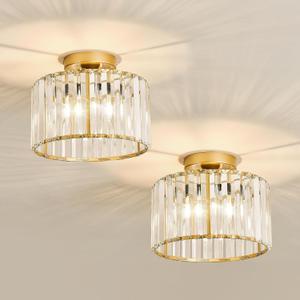 CVKASH 2 Pack Gold Crystal Semi Flush Mount Ceiling Light,Vintage Mini Ceiling Light Fixture Metal Close to Ceiling Lamp for Hallway Kitchen Living Room Bathroom Entryway Bedroom Closet