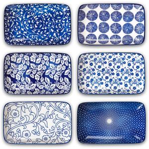 Selamica Ceramic 9.5 Inch Large Rectangular Salad Plates, Dinner Plates, Pasta Dessert Plates Serving Platters and Trays for Appetizer, Sushi, Fruit, Set of 6, Vintage Blue