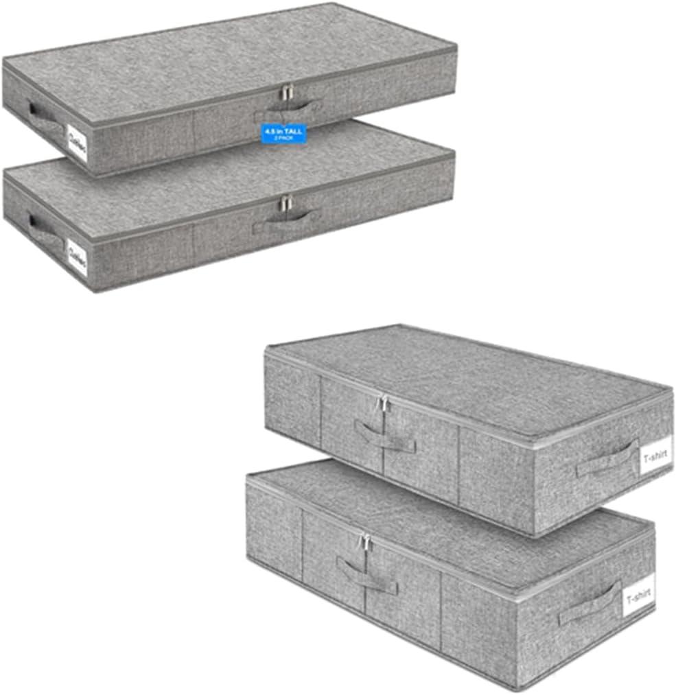 punemi Under Bed Storage Containers, 2 Pack 4.5 Inch Tall Low Profile Underbed Clothes Storage Organizer Bin Under Bed Storage, 2 Pack Underbed Storage Container Bags With Lid