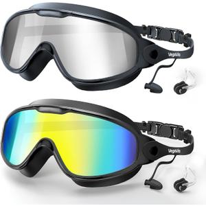 Adult Swim Goggles 2 Pack, Anti-Fog 180 Wide View UV Protection Pool Swimming Goggles for Adult Youth Men Women (Silver/Mirrored & Aqua/Mirrored)