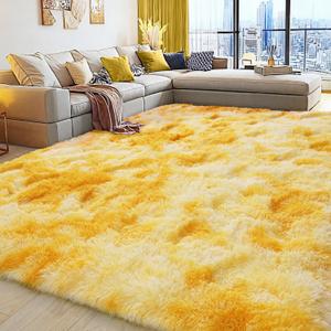 Large 8x10 Area Rugs for Living Room, Tie-Dyed Yellow Soft Shag Rug for Bedroom, Non-Slip Ultra Fluffy Rug, Modern Plush Carpet for Girls Boys Kids Room Dorm, Fuzzy Rug for Home Decor Aesthetic