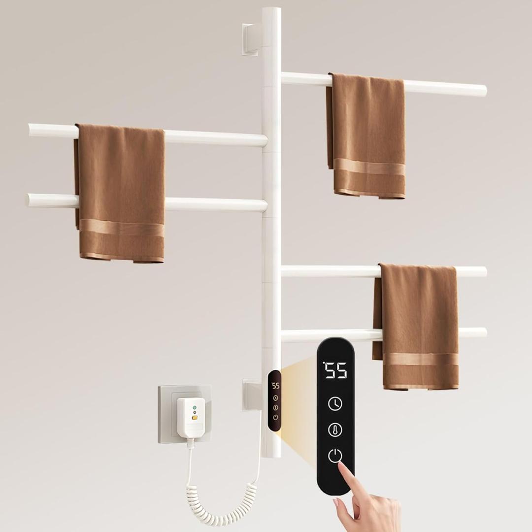 Swivel Heated Towel Warmer Rack, Wall Mounted Electric Towel Warmer Rack, 5 Bars 180 Swivelable Towel Dryer with LED Timer and Temperature Control for Home, Bathroom (White)