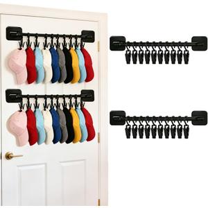 2 Pack Hat Hanger for Door, Wall Hat Storage Organizer Rack with 20 Clips for Baseball Cap, Black Hat Holder Wall-Mounted Caps Display with Strong Adhesive for Closet Bedroom Entryroom Laundry