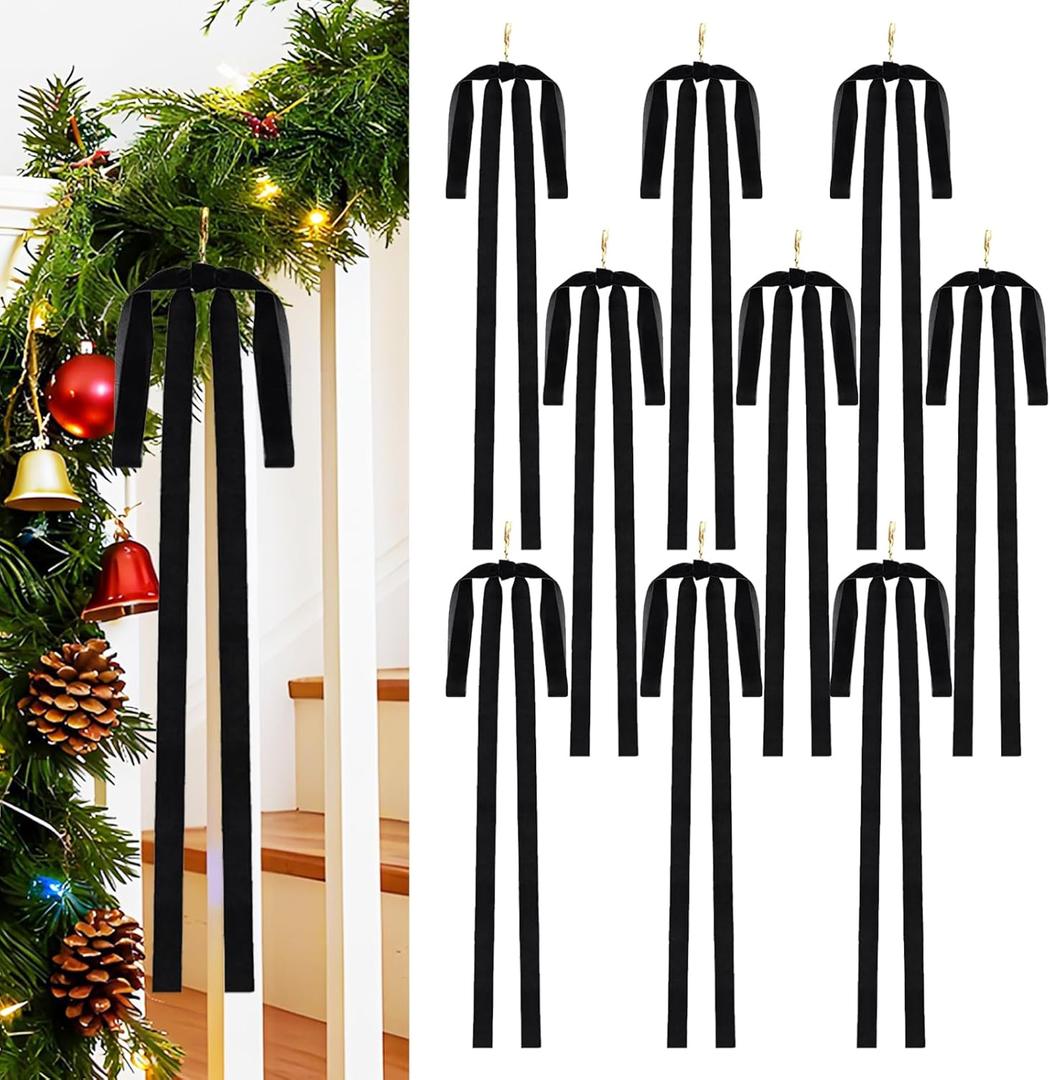9 PCS Black Velvet Christmas Bows, Vintage Christmas Decor Large Bows for Tree, Staircase, Party, Indoor and Outdoor Ornaments