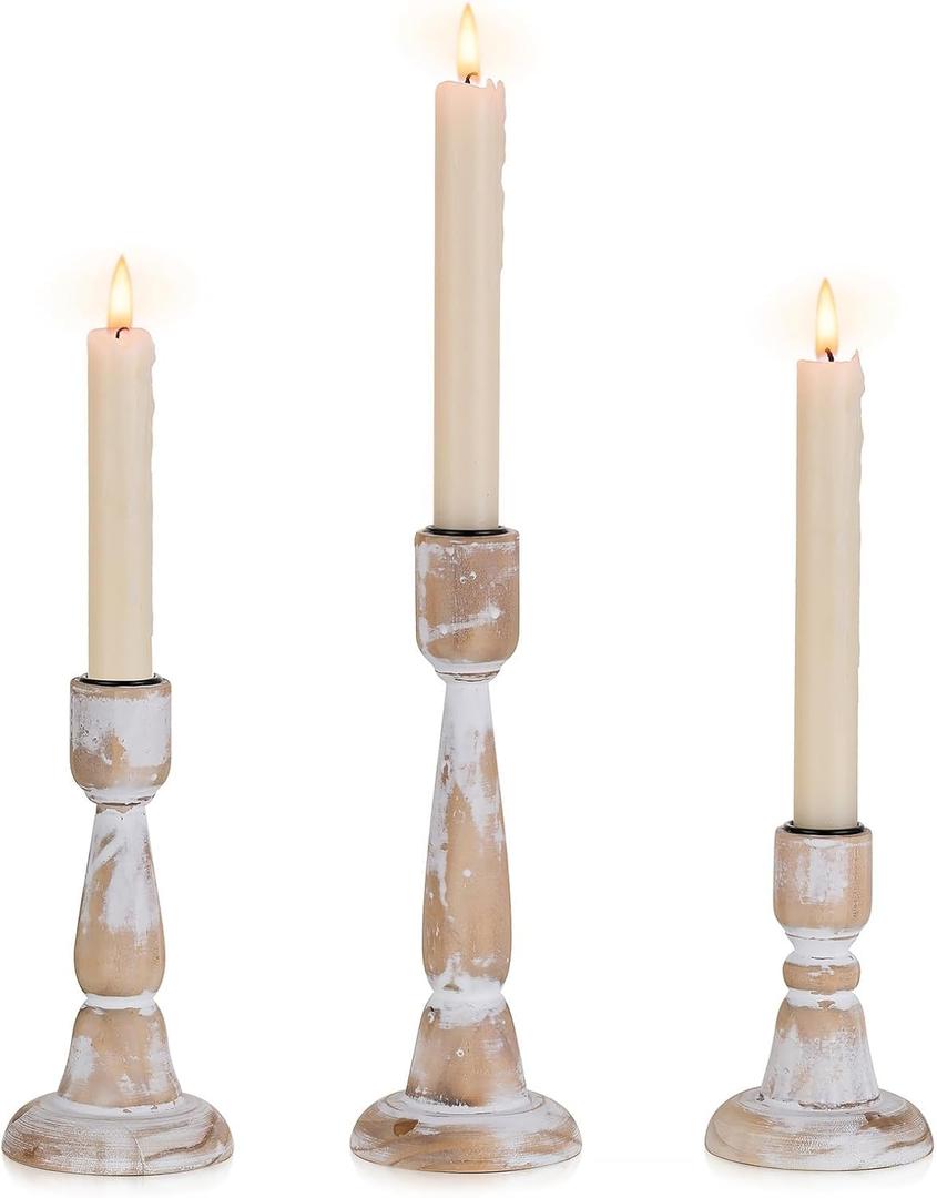Wooden Taper Candle Holders: Wood Candlestick Holders Rustic Farmhouse Fall Decor for Living Room Dinning Table Centerpiece Christmas Set of 3 (4.33"/6.33"/8.27" H - 3Pcs)