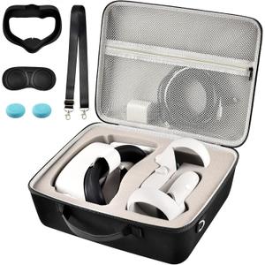 Comecase Hard Carrying Case for Quest 3/ Quest 3S/ for Quest 2 All-in-One VR Gaming Headset and Touch Controllers, Travel Storage Bag with Silicone Face Cover & Lens Protector & Accessories (Black+Grey Spong)