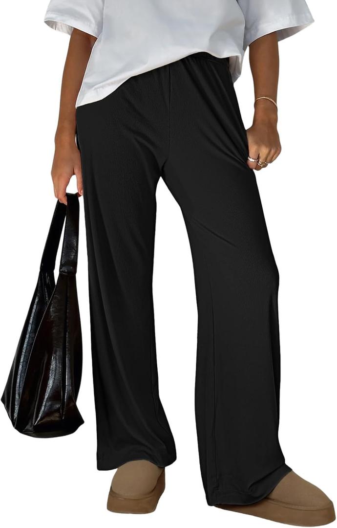 Trendy Queen Womens Business Casual Pants Barrel Sweatpants Wide Leg Comfy Lounge Pants Baggy Flowy Ribbed Fall Outfits (Large, Black)