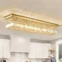 Siljoy 10-Light Modern Crystal Chandelier, Luxury Gold Rectangular Flush Mount Ceiling Light, Large Rectangle Raindrop Chandelier for Living Dining Room Kitchen Island Bar L47'' x W10'' x H10''