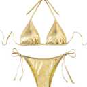 Verdusa Women's 2 Piece Bathing Suit Metallic Swimwear Halter String Triangle Bikini Sets (Medium, Gold)