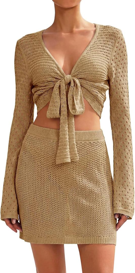 Saodimallsu Womens Crochet Swimsuit Coverup Beach 2 Piece Cover Up Set Crop Long Sleeve Tie Front Tops Mini Skirt Sets (Brown)