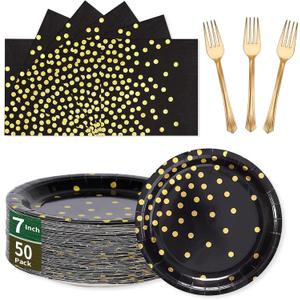 Black Gold Paper Plates and Napkins Party Supplies-150PCS-50 x 7''Dessert Plates & 50 x 6.5''Napkins & 50 x 7.3''Forks,Disposable Paper Tableware Set for Birthday,Anniversary,Retirement,Father's Day