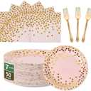 Pink and Gold Paper Tableware Set-150PCS-50 x 7'' Dessert Plates & 50 x 6.5'' Napkins & 50 x 7.3'' Forks,Disposable Party Supplies for Baby Showers,Birthday,Wedding,Bridal Showers,Anniversary