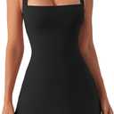 QINSEN Women's Square Neck Bodice Dress Sleeveless Tank Top Stretch Flare Mini Dresses (Black)