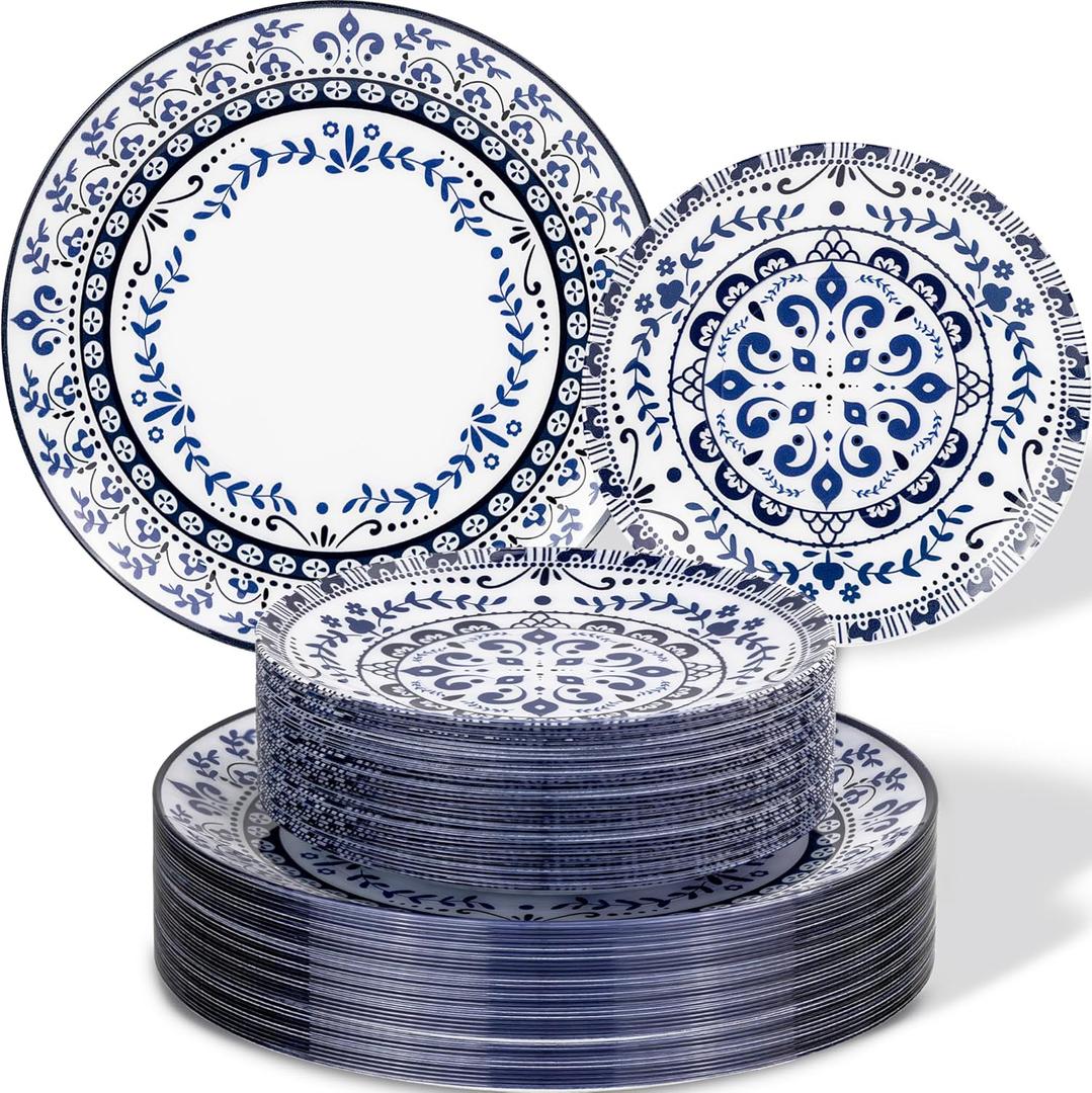 Hioasis 60pcs Blue Plastic Plates Set - Floral Blue & White Porcelain Design, 10.25" Dinner & 7.5" Dessert Plates Disposable for Wedding (Dishwasher Safe, Traditional Style)