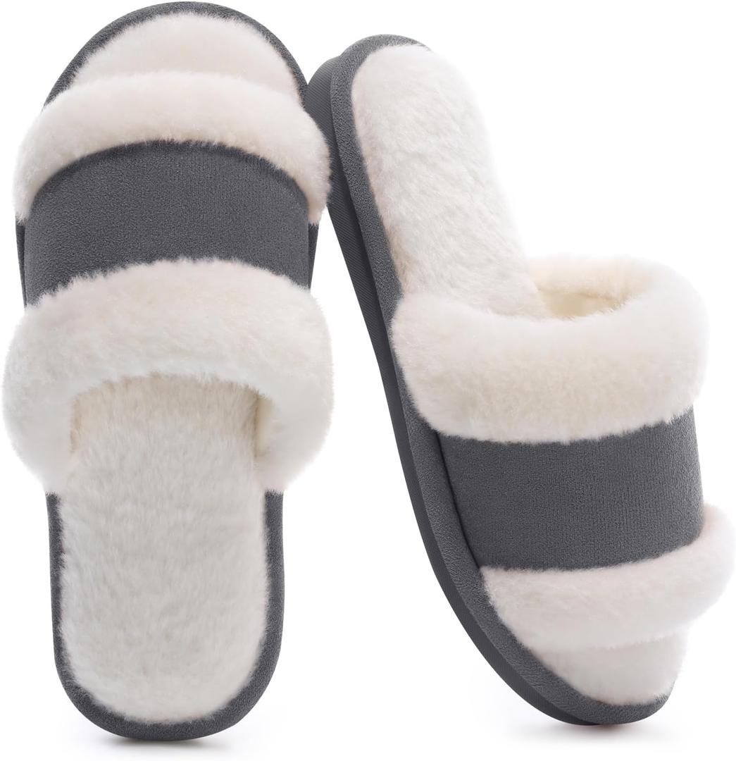 SHIBEVER Women's Slippers Fuzzy Open Toe Slip On Indoor House Shoes Comfy Bedroom Women Slippers (7.5-8, Grey)