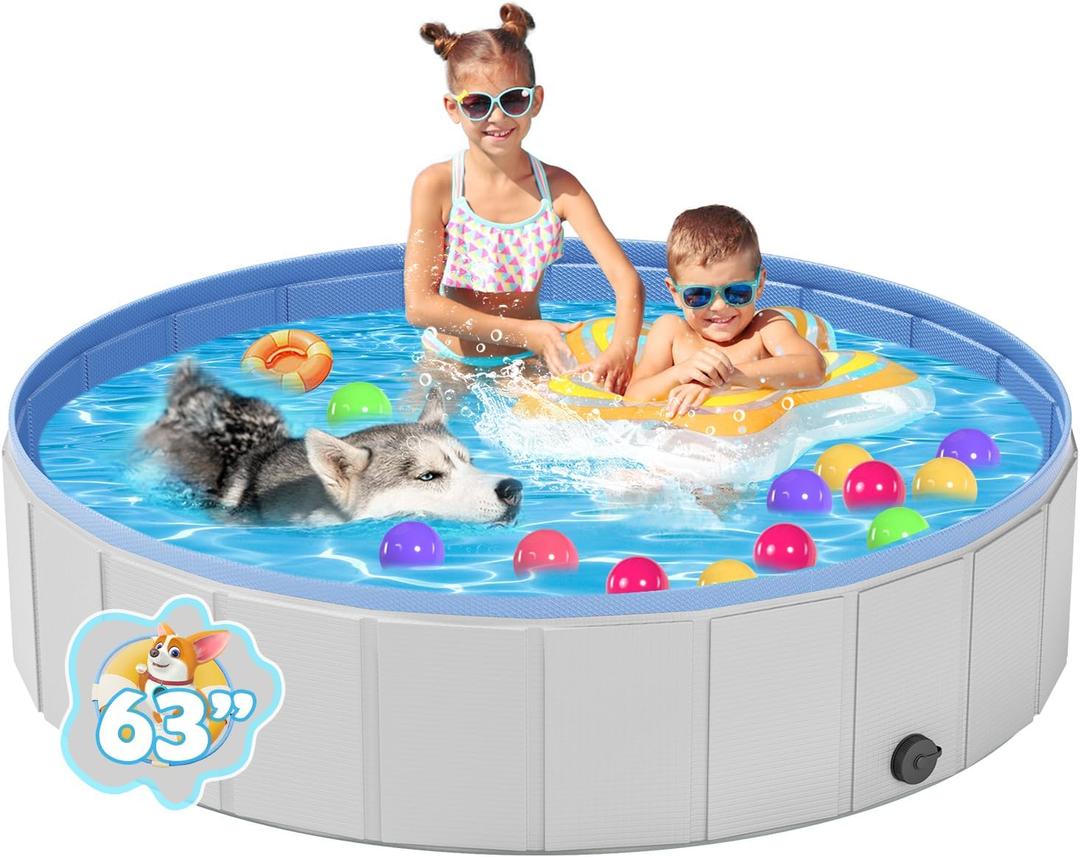 YSJILIDE Portable Dog Pool PVC Pet Swimming Pool Bathtub Collapsible Dog Pool, Hard Plastic Pool for Pets to Swim and Bath (XL-63"x 12" Light Grey)