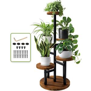 AUGOSTA 5 Tier Plant Stand, Tall Metal Wood Shelf Holder for Indoor Plants, Outdoor Garden Plant Display Rack Flower Pot Stand for Corner Living Room Balcony Garden Patio